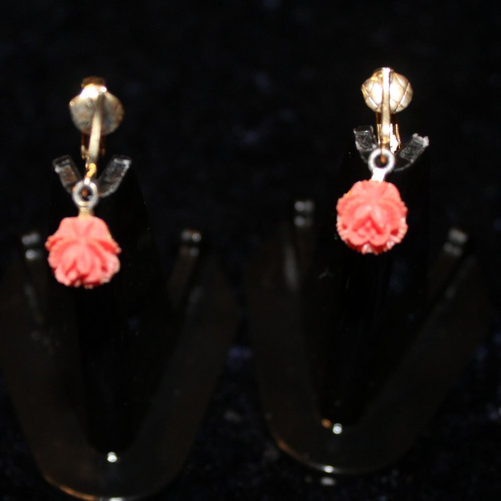 Pink Dangle Rose Clip on Earrings